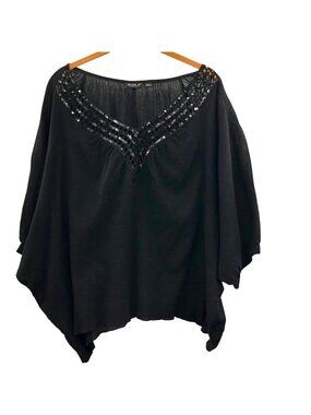 Allen B Black Gauze Sequined Boho Blouse Womens L Used Casual Vacation Resort